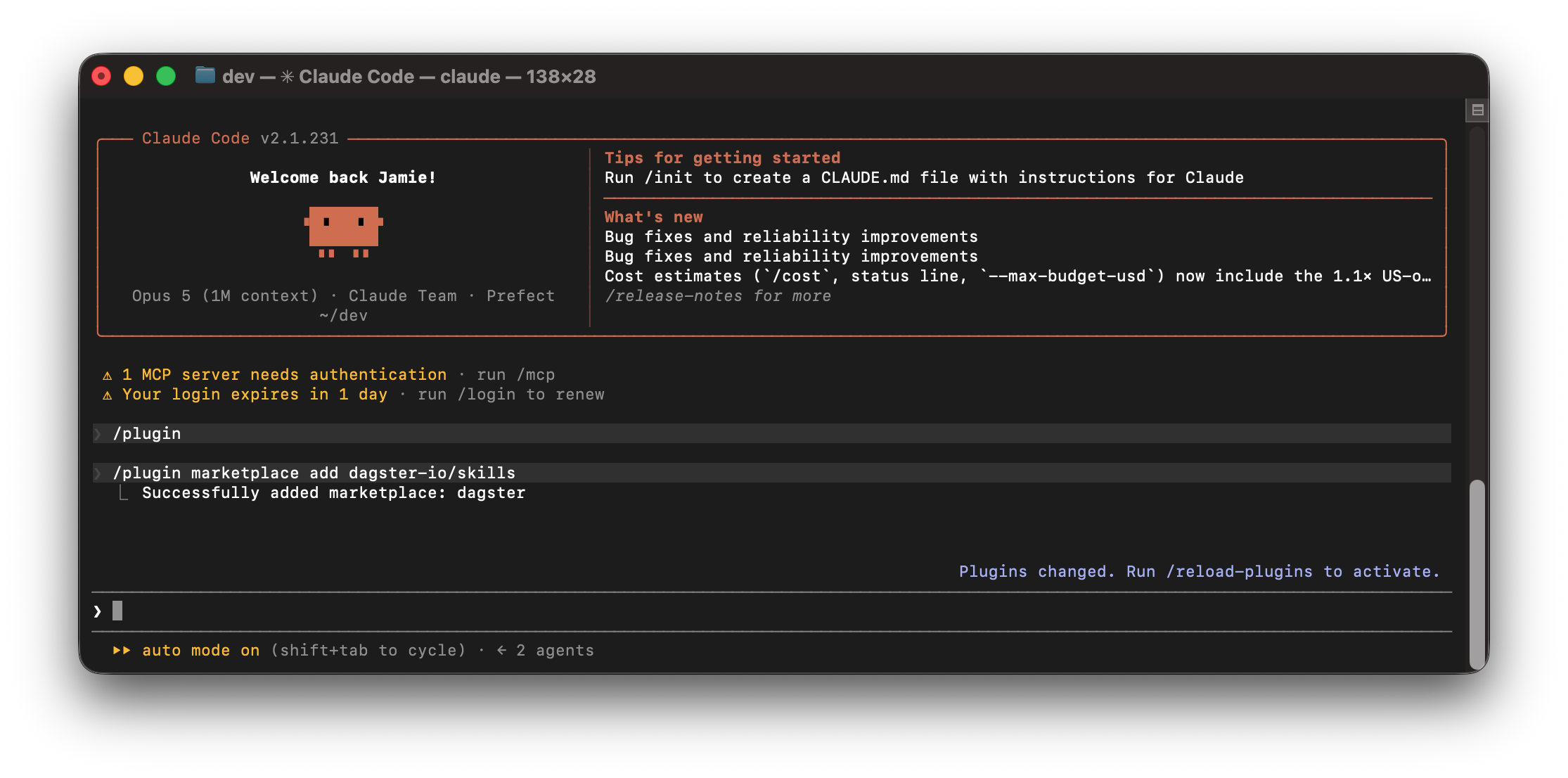 Claude Code plugin marketplace showing the Dagster marketplace being added