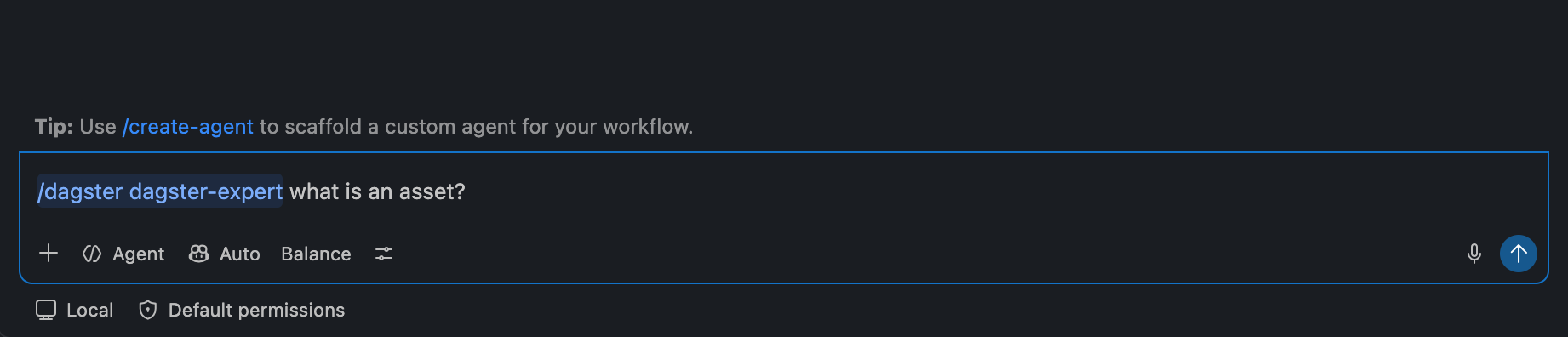 GitHub Copilot Chat showing the dagster-expert skill available